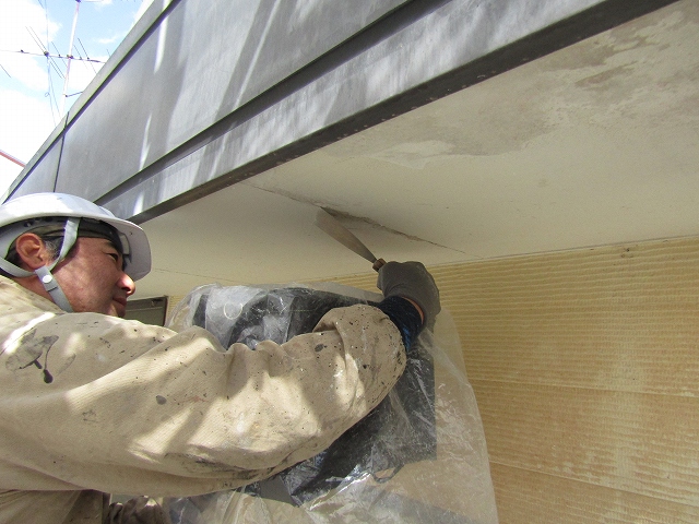 軒天の塗膜を剥がす